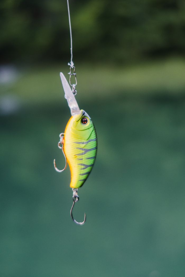 Mastering the First Impression: Your intriguing post title goes here Close-up of a colorful fishing lure suspended above tranquil green waters.