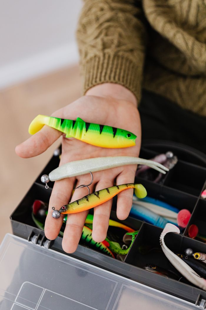 Crafting Captivating Headlines: Your awesome post title goes here Hand holding vibrant fishing lures from a tackle box, perfect for anglers.