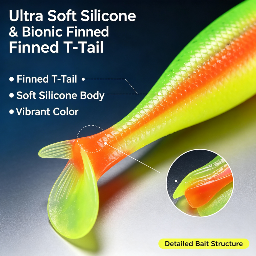 Ultra Soft Finned T-Tail Soft Lure, Bionic Silicone Bait, Freshwater Fishing Tackle for Bass, Snakehead, Match with Jig Head 电商主图提示词生成 (25)