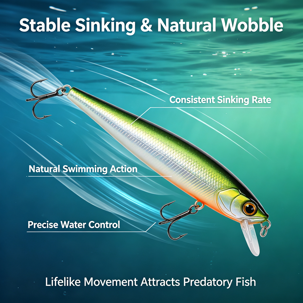 Sinking Minnow Fishing Lure, Long Cast Hard Bait with 3D Eyes & Built-in Weight, Suitable for Bass, Snakehead, Barramundi, Freshwater Full Water Zone Tackle 电商主图提示词生成 (8)