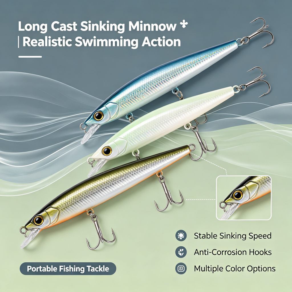 Sinking Minnow Fishing Lure, Long Cast Hard Bait with 3D Eyes & Built-in Weight, Suitable for Bass, Snakehead, Barramundi, Freshwater Full Water Zone Tackle 电商主图提示词生成 (9)